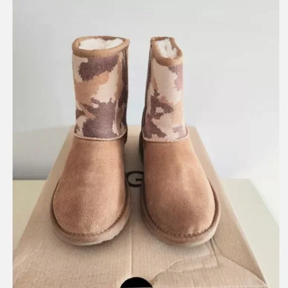 UGG Youth Girls Classic Mini Brown Jagged Camo Suede Winter Boots